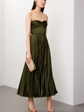 AMUR Pleated Strapless Belle Maxi Dress Satin Olive Green Sweetheart - Size 2